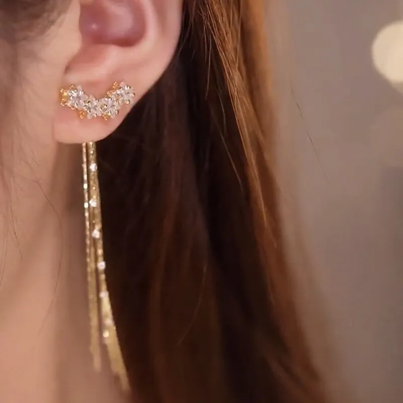 Luxury Star Zircon Tassel Earrings Gold Color Women New Fashion Long Earring