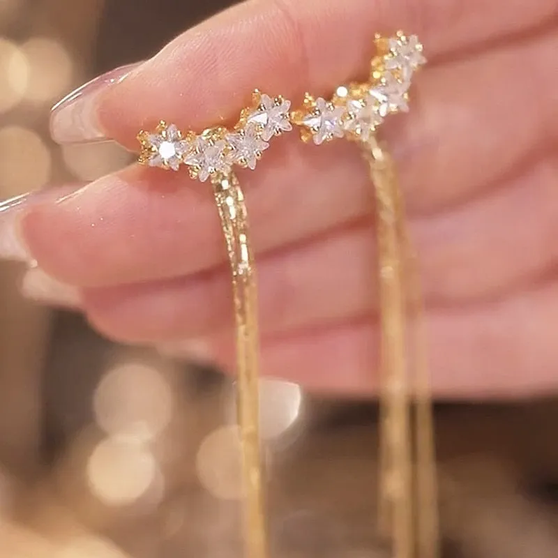 Luxury Star Zircon Tassel Earrings Gold Color Women New Fashion Long Earring