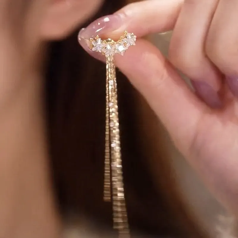 Luxury Star Zircon Tassel Earrings Gold Color Women New Fashion Long Earring
