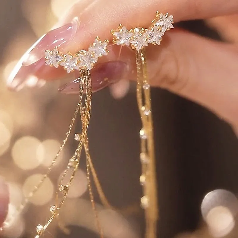 Luxury Star Zircon Tassel Earrings Gold Color Women New Fashion Long Earring