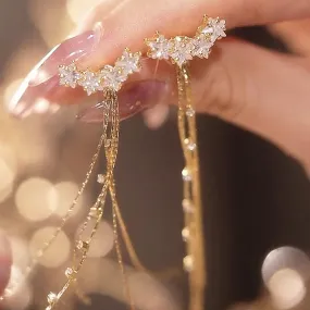 Luxury Star Zircon Tassel Earrings Gold Color Women New Fashion Long Earring