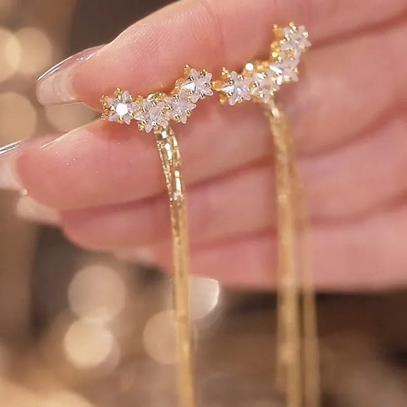 Luxury Star Zircon Tassel Earrings Gold Color Women New Fashion Long Earring