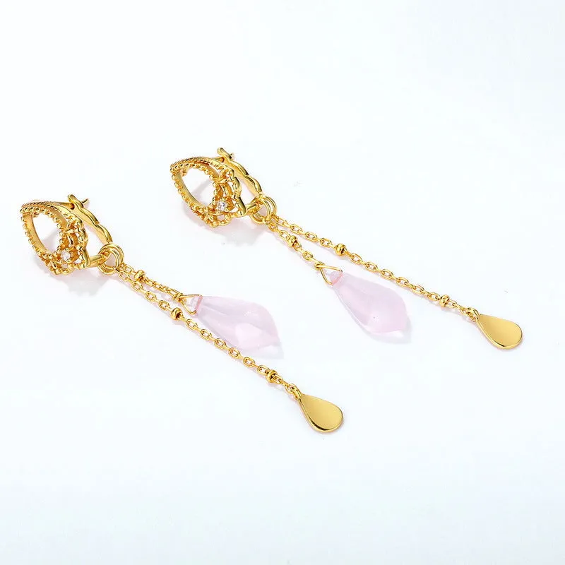 Luxury Tassel Pink Crystal Silver Drop Earrings