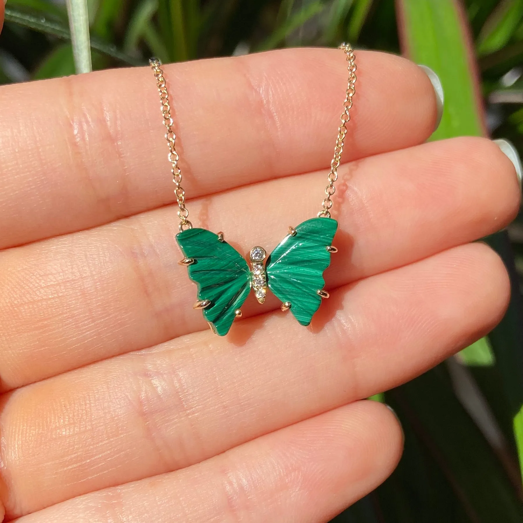 Malachite Butterfly Necklace with Diamonds and Prongs
