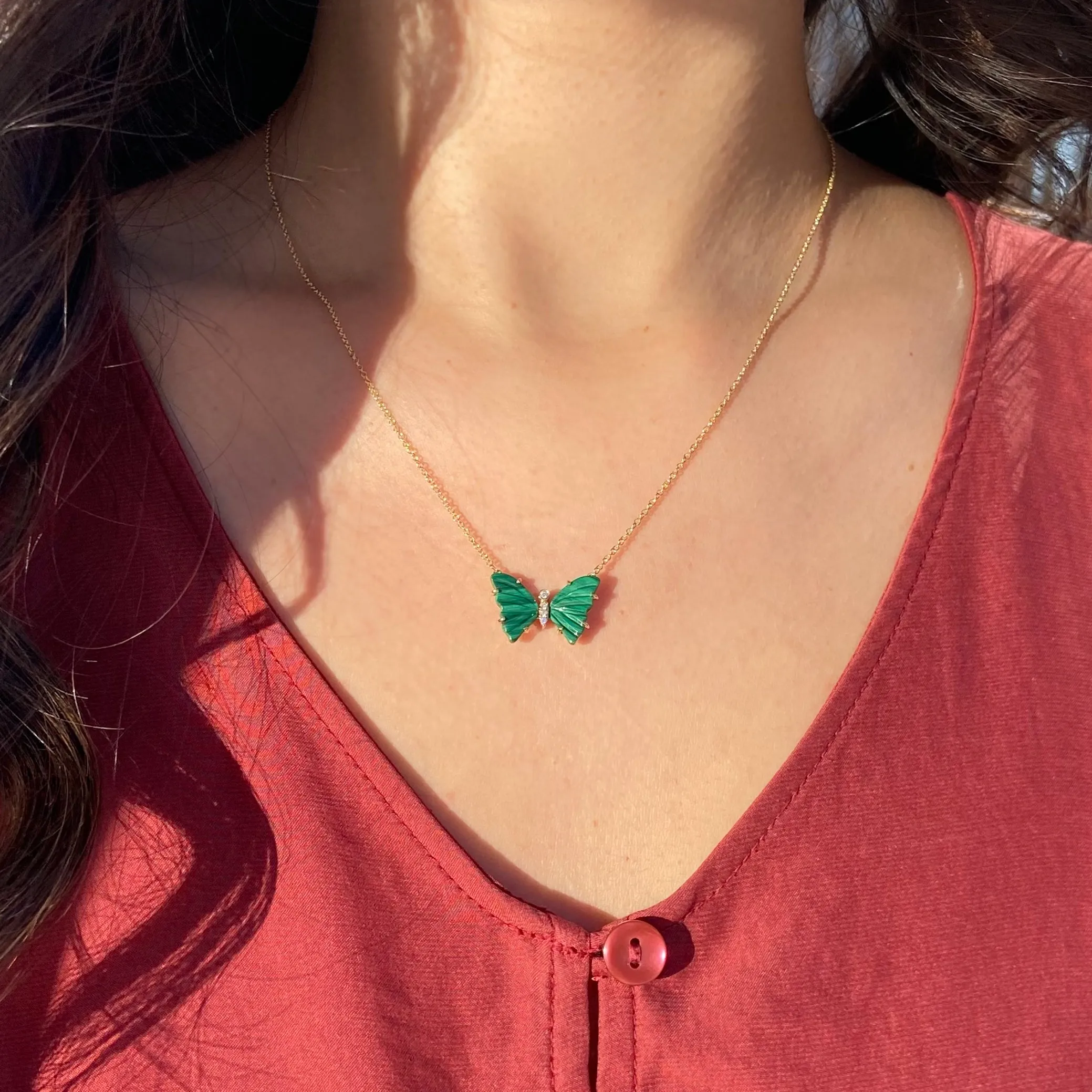 Malachite Butterfly Necklace with Diamonds and Prongs