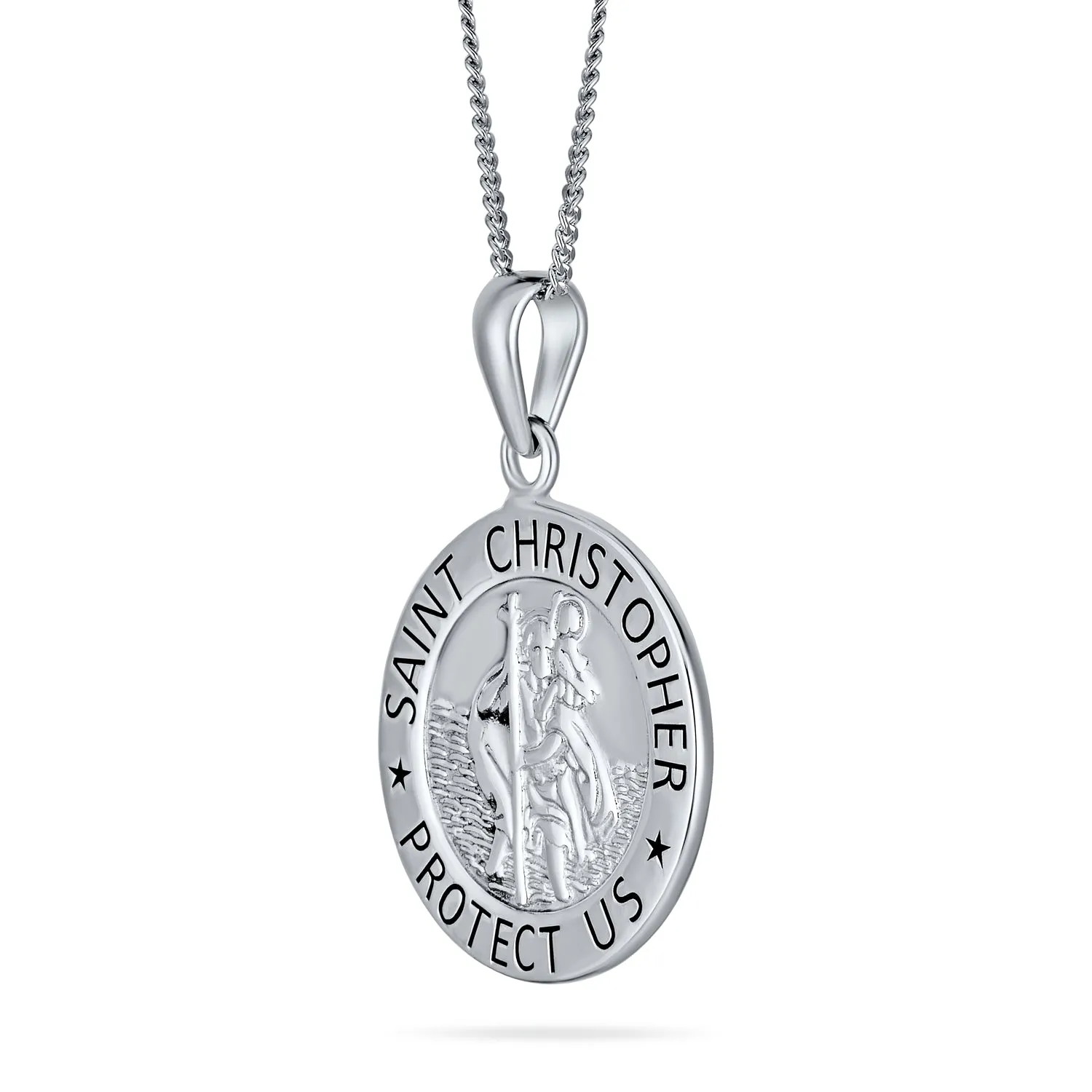 Medium Saint Christopher Pendant Necklace Sterling Silver Religious Medal