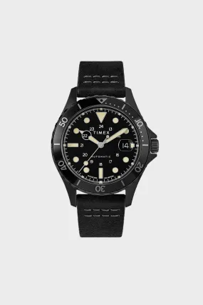 Navi XL Automatic Leather Strap Watch - Black/Black