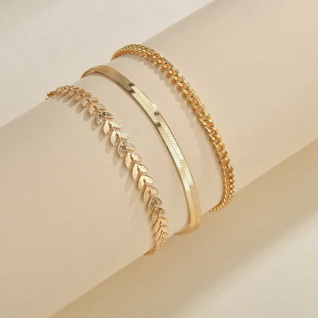 New 3pcs/set Gold Color Simple Chain Anklets For Women