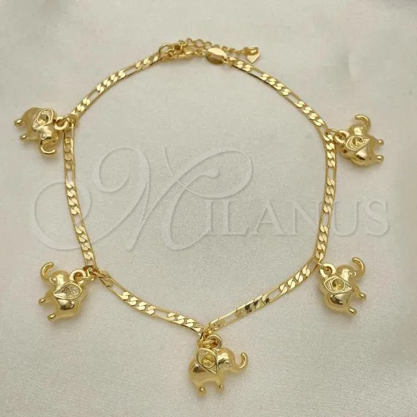 Oro Laminado Charm Anklet , Gold Filled Style Elephant and Figaro Design, Polished, Golden Finish, 03.32.0611.10
