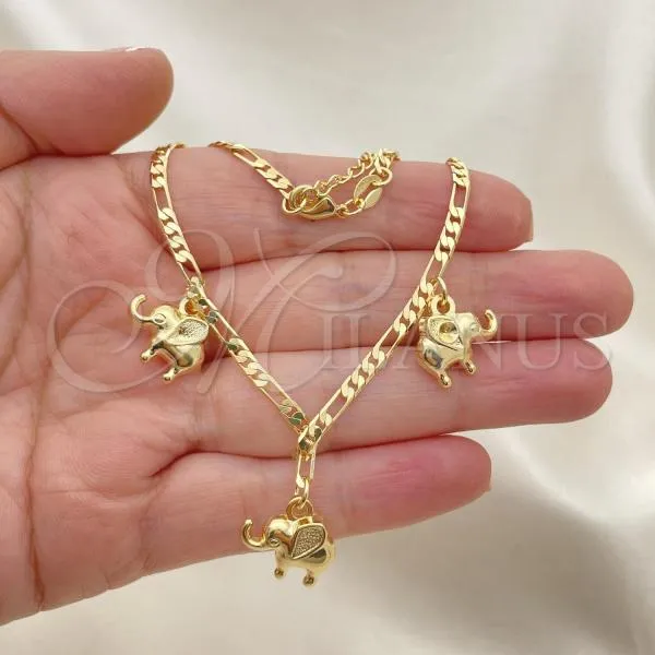 Oro Laminado Charm Anklet , Gold Filled Style Elephant and Figaro Design, Polished, Golden Finish, 03.32.0611.10