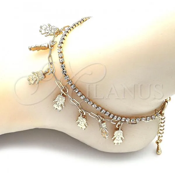 Oro Laminado Charm Anklet , Gold Filled Style Little Girl and Paperclip Design, with White Crystal, Polished, Golden Finish, 03.372.0016.10