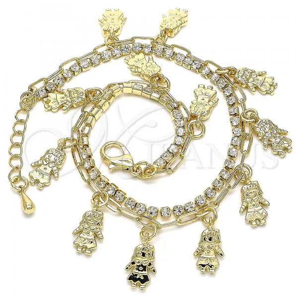 Oro Laminado Charm Anklet , Gold Filled Style Little Girl and Paperclip Design, with White Crystal, Polished, Golden Finish, 03.372.0016.10