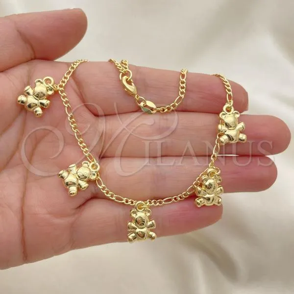 Oro Laminado Charm Anklet , Gold Filled Style Teddy Bear and Figaro Design, Polished, Golden Finish, 03.32.0609.10