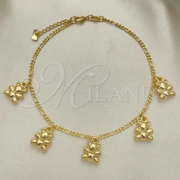 Oro Laminado Charm Anklet , Gold Filled Style Teddy Bear and Figaro Design, Polished, Golden Finish, 03.32.0609.10
