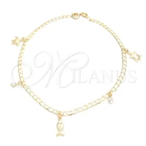 Oro Laminado Charm Anklet , Gold Filled Style Turtle and Curb Design, with White Cubic Zirconia, Polished, Golden Finish, 03.58.0036.10