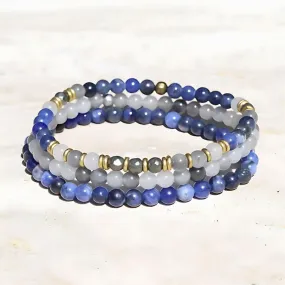 "Intuition and Strength" Sodalite Quartz Crystal and Pyrite Delicate Bracelet Stack
