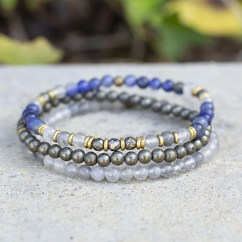 "Intuition and Strength" Sodalite Quartz Crystal and Pyrite Delicate Bracelet Stack