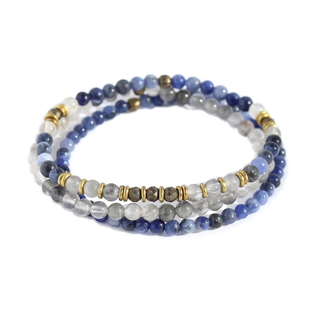 "Intuition and Strength" Sodalite Quartz Crystal and Pyrite Delicate Bracelet Stack