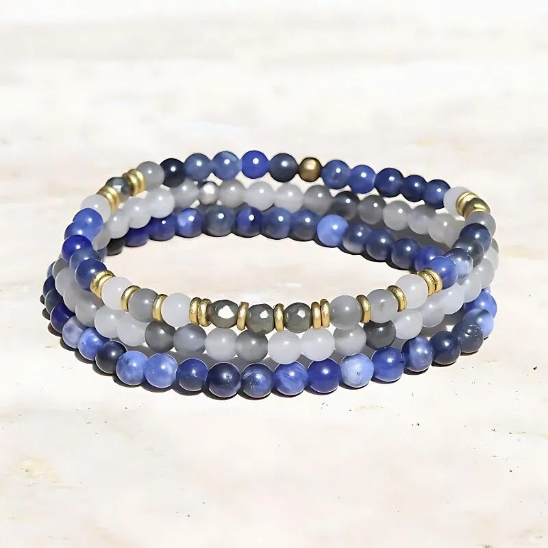 "Intuition and Strength" Sodalite Quartz Crystal and Pyrite Delicate Bracelet Stack