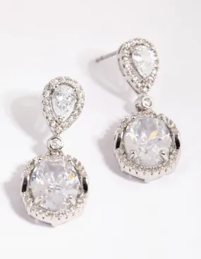 Rhodium Diamond Simulant Oval Drop Earrings