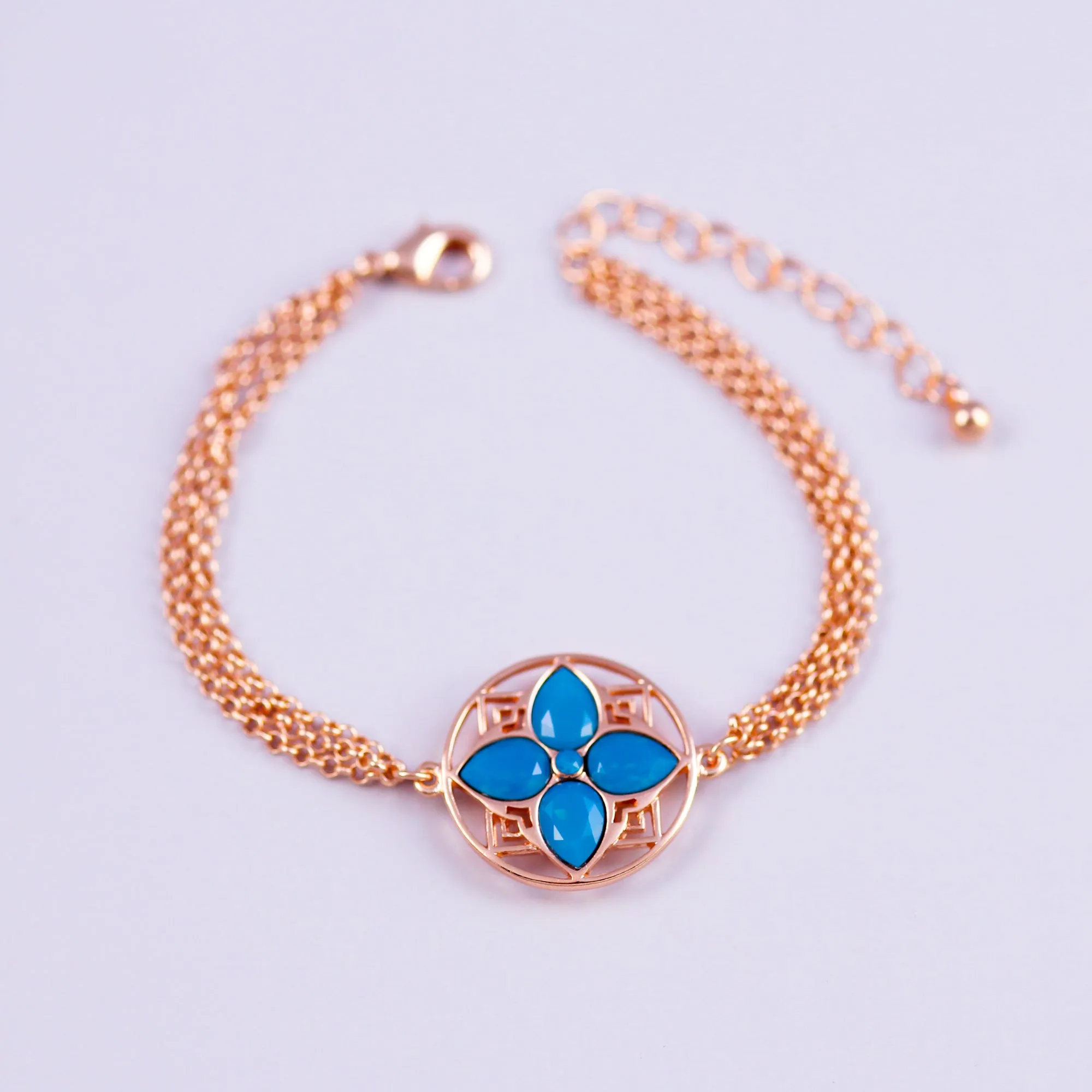 Rose Gold & Caribbean Blue Opal Four Petal Flower Bracelet