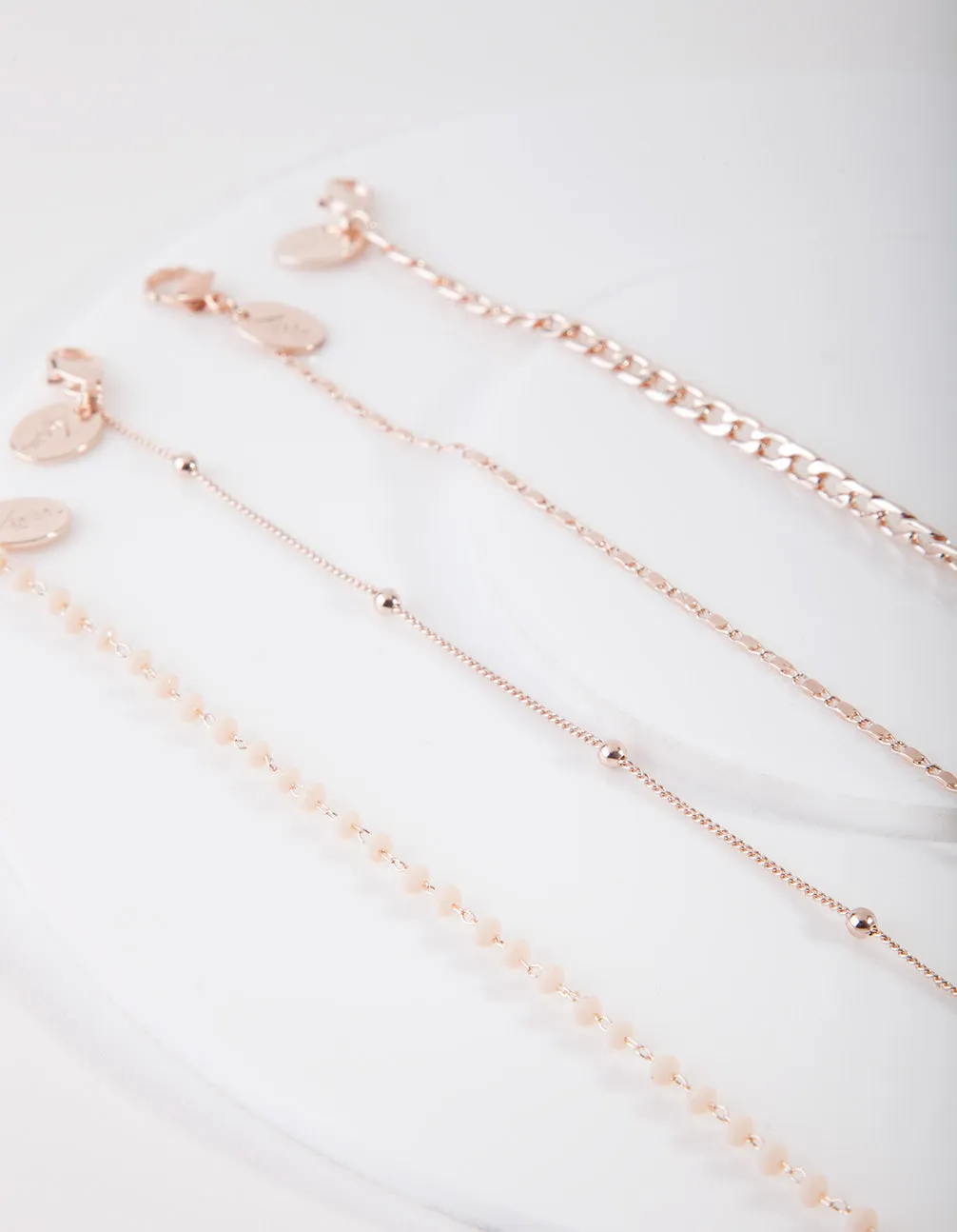 Rose Gold Mix Chain Bead Anklet Bracelet 4-Pack