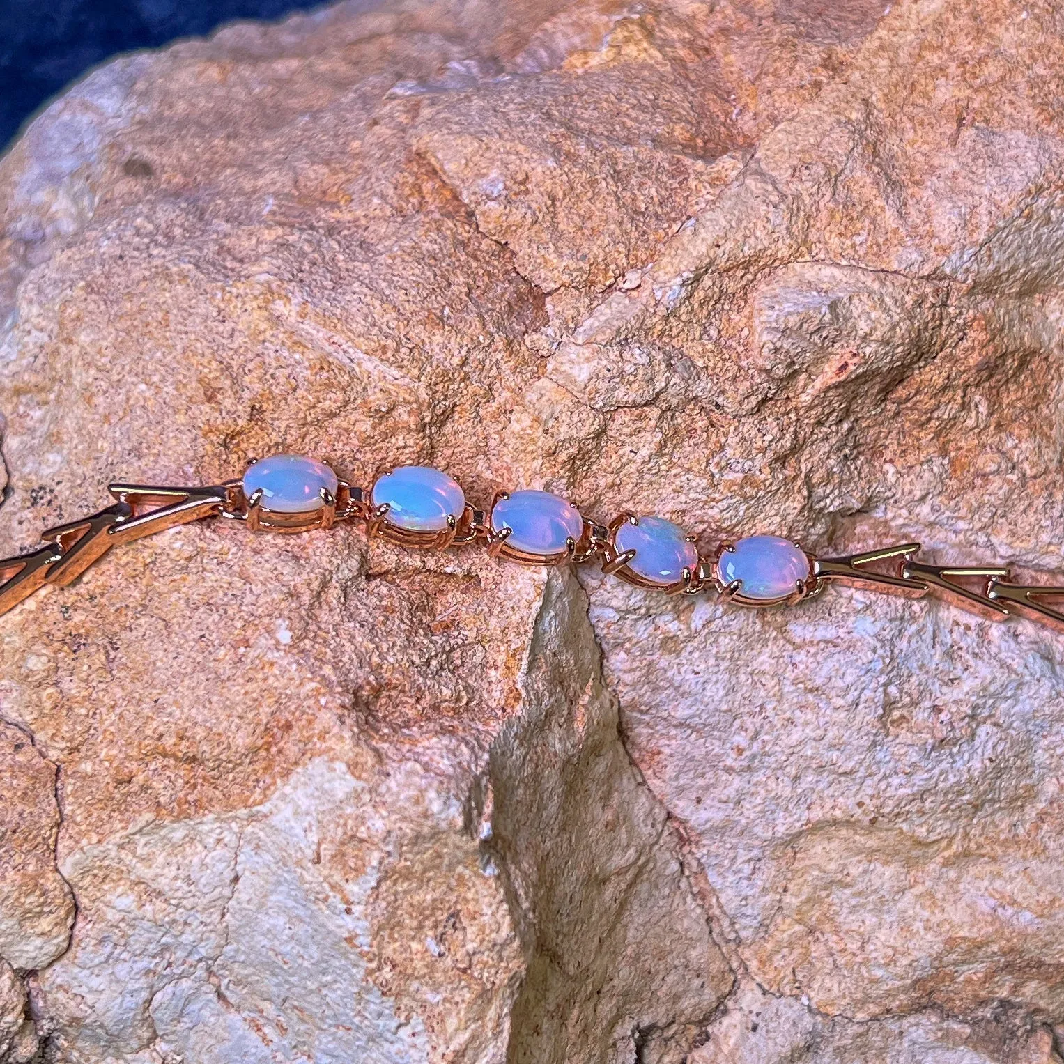 Rose Gold Sterling Silver 5 White Opal 8x6mm bracelet