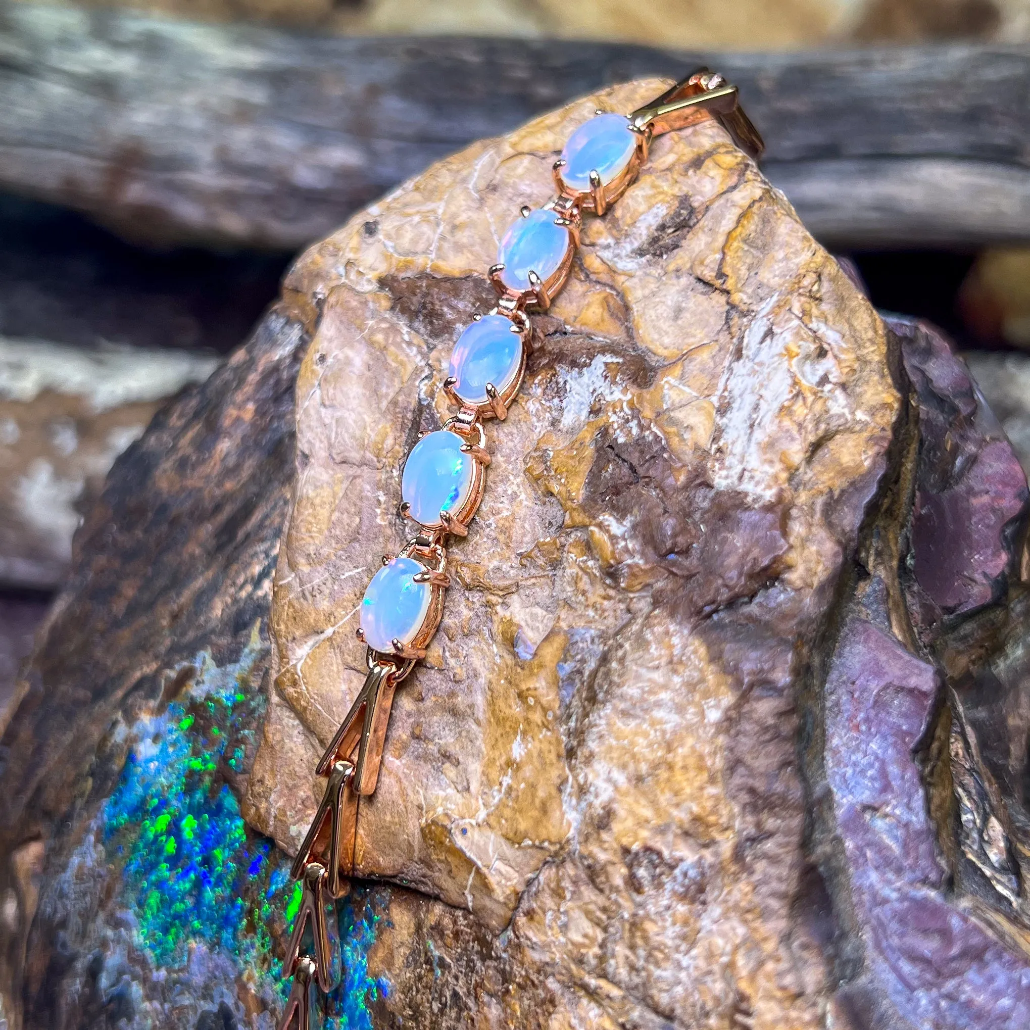Rose Gold Sterling Silver 5 White Opal 8x6mm bracelet
