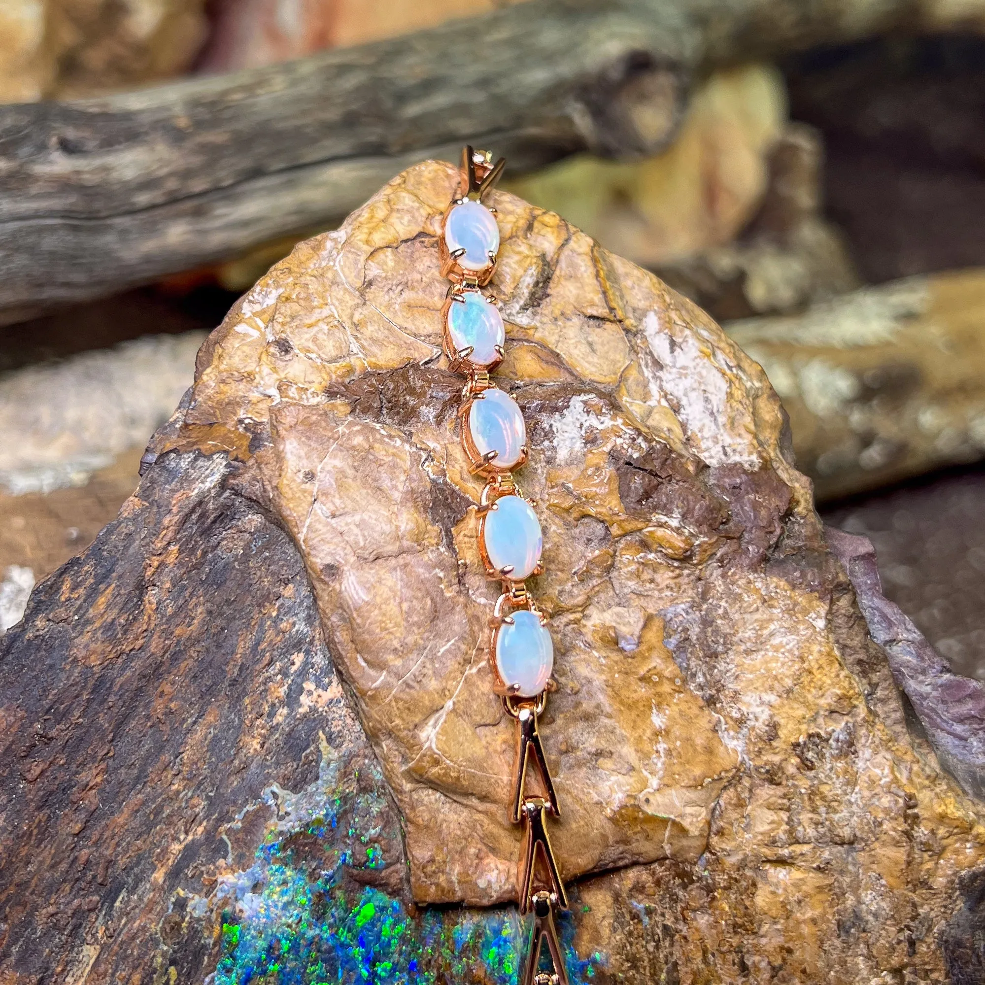 Rose Gold Sterling Silver 5 White Opal 8x6mm bracelet