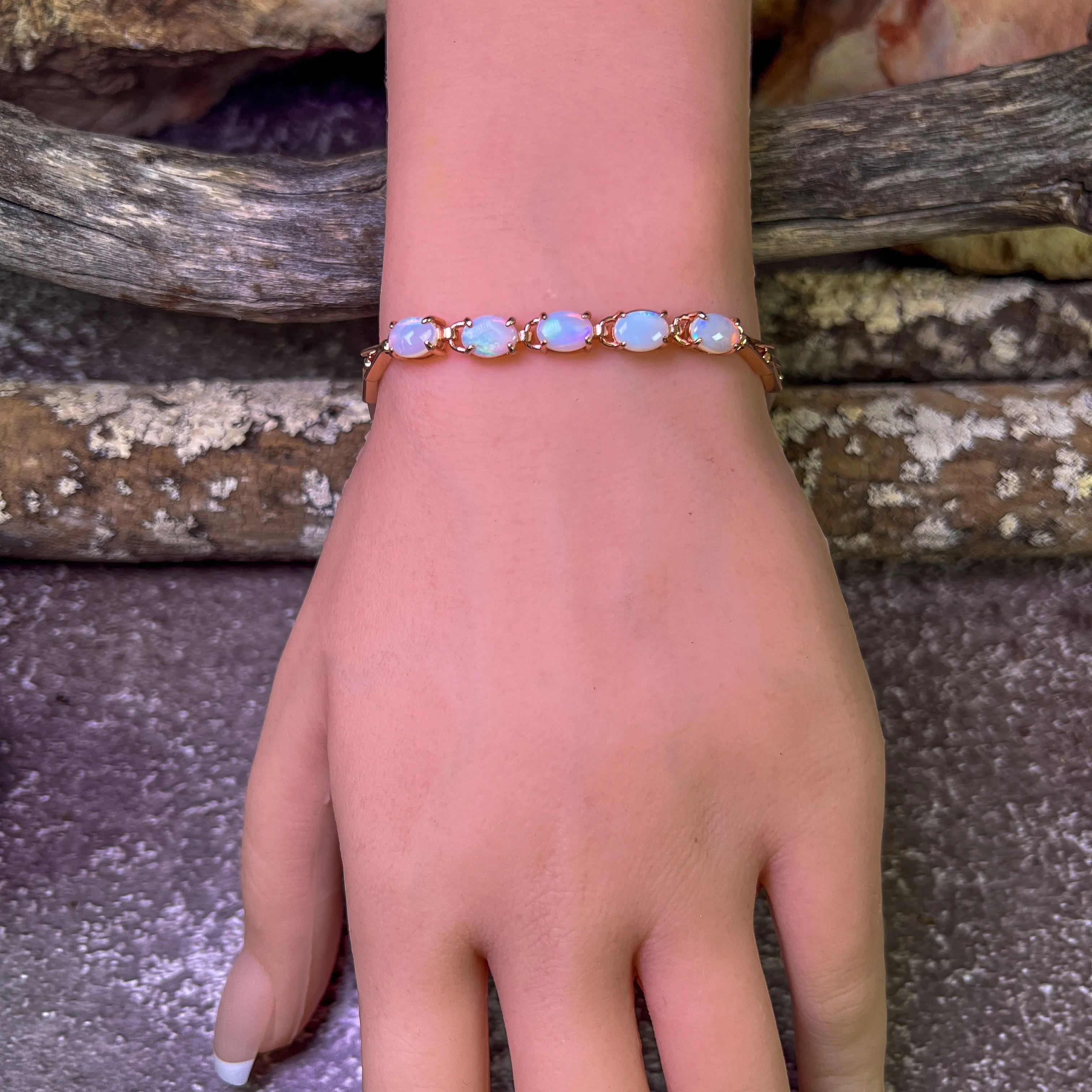 Rose Gold Sterling Silver 5 White Opal 8x6mm bracelet