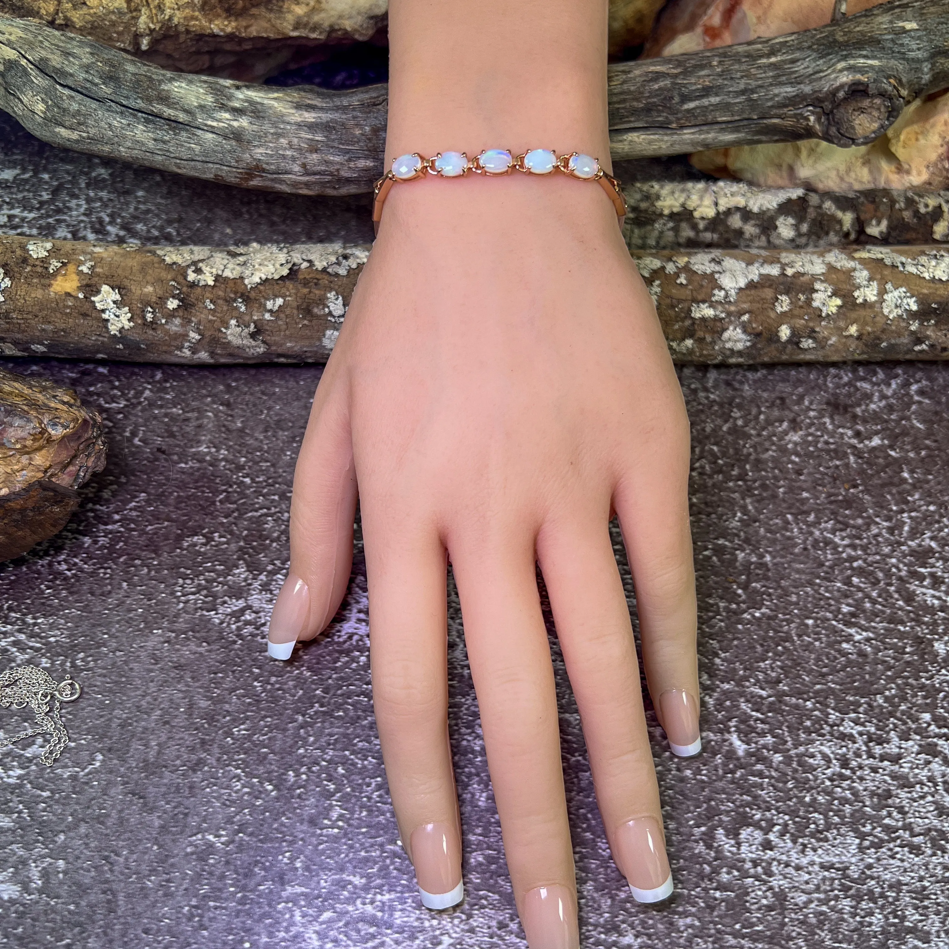 Rose Gold Sterling Silver 5 White Opal 8x6mm bracelet