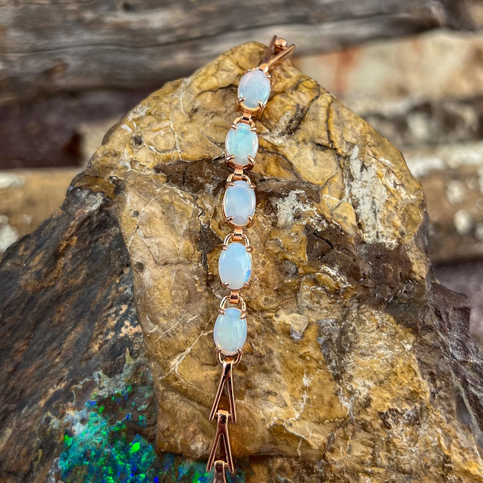 Rose Gold Sterling Silver 5 White Opal 8x6mm bracelet