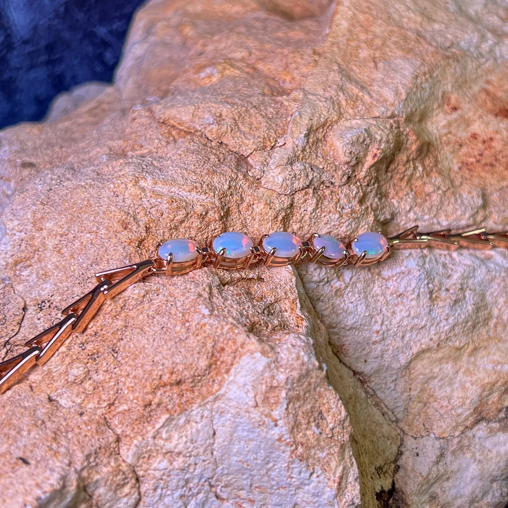 Rose Gold Sterling Silver 5 White Opal 8x6mm bracelet