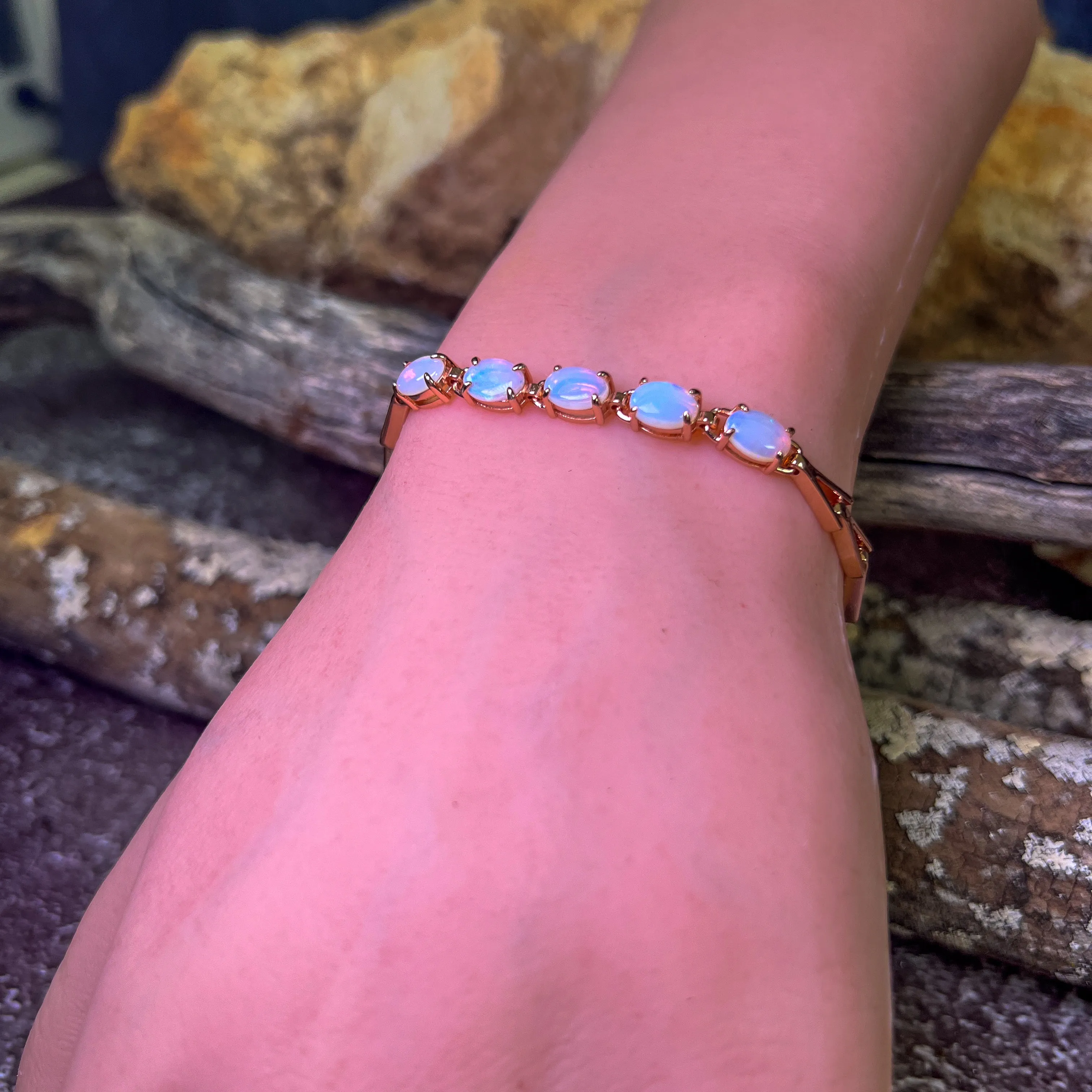 Rose Gold Sterling Silver 5 White Opal 8x6mm bracelet