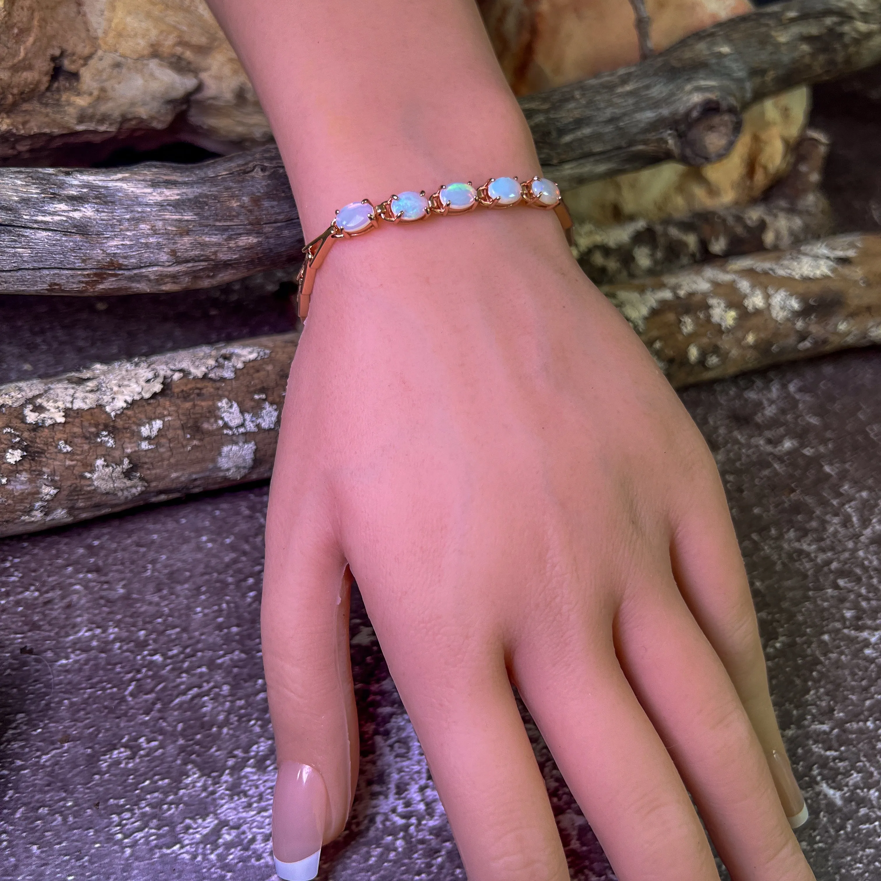 Rose Gold Sterling Silver 5 White Opal 8x6mm bracelet