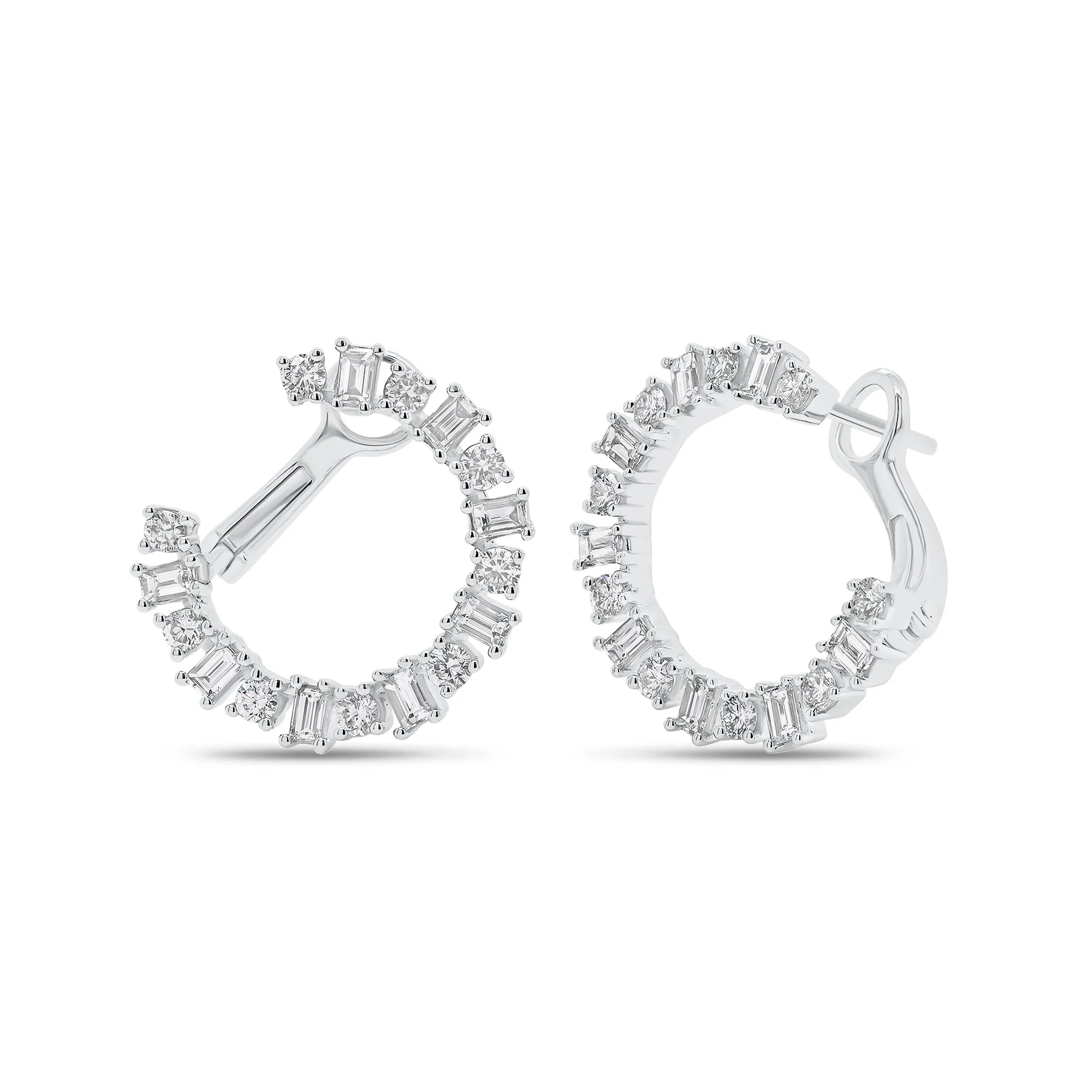 Round & Baguette Diamond Front-Facing Hoop Earrings