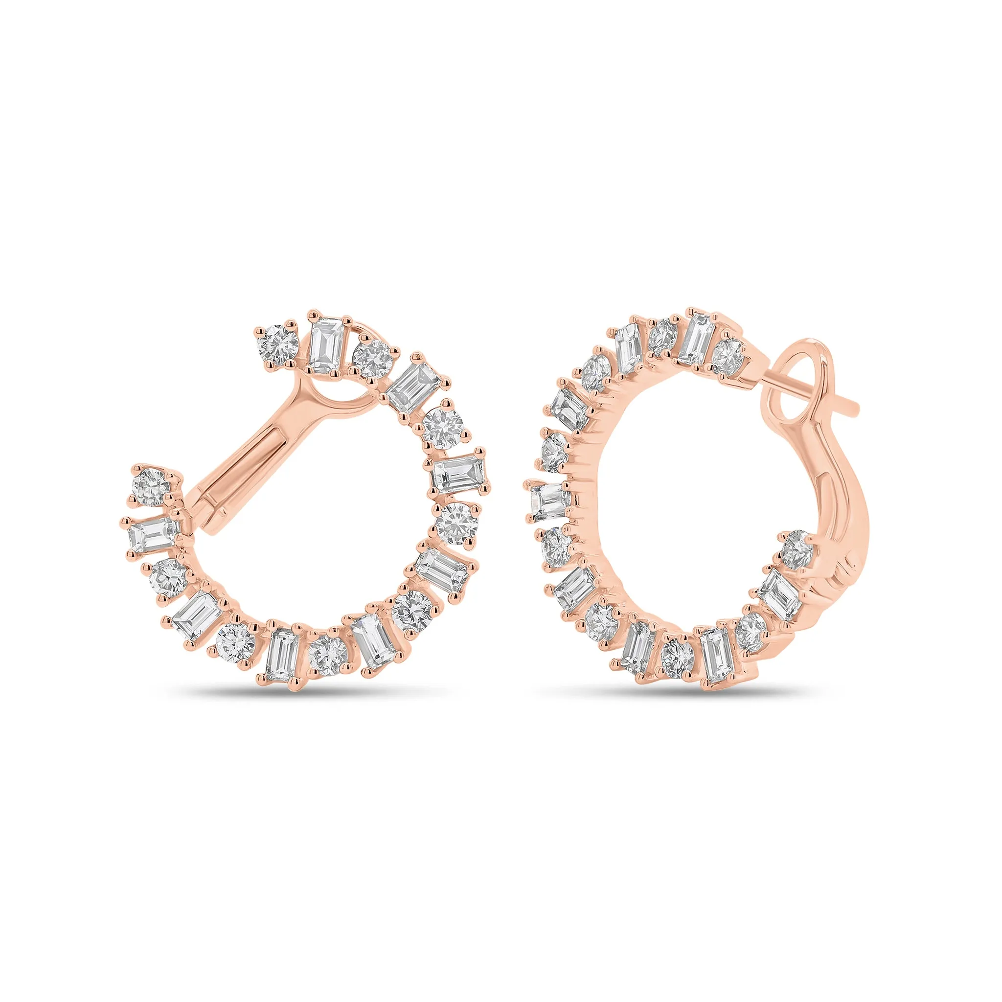 Round & Baguette Diamond Front-Facing Hoop Earrings