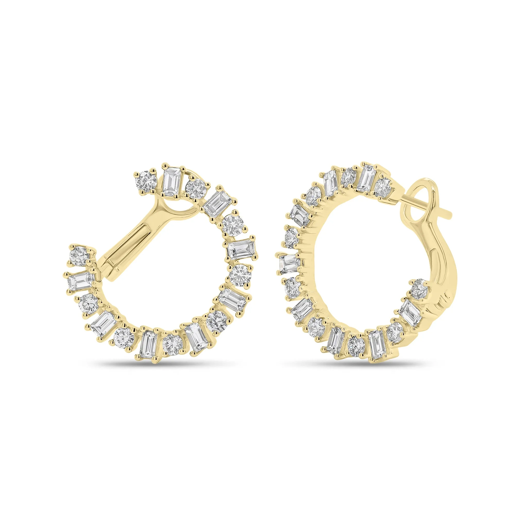 Round & Baguette Diamond Front-Facing Hoop Earrings