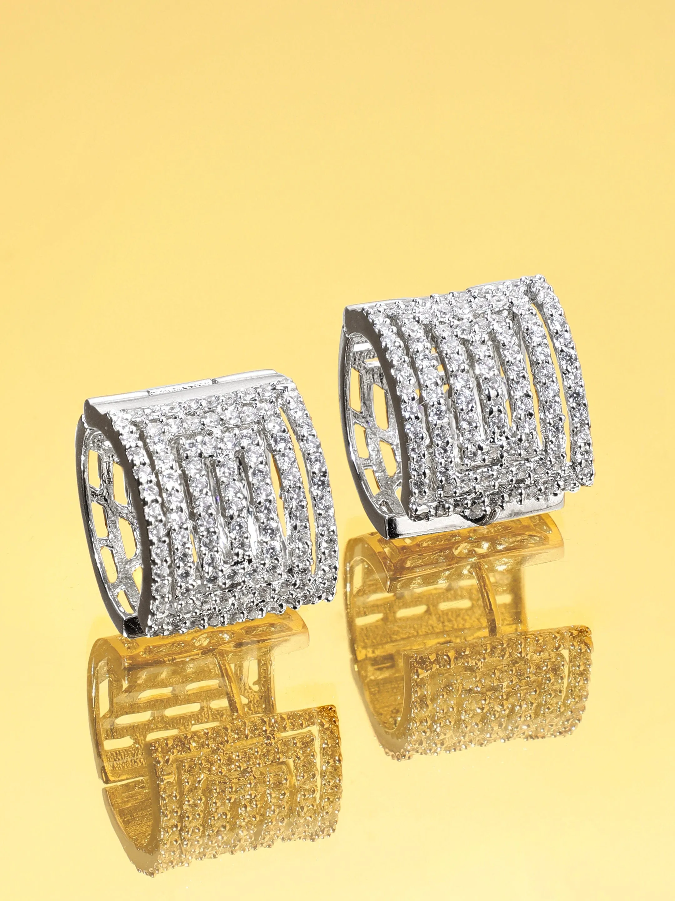Rubans Rhodium plated Crystal zirconia Geometric Chic Demii-Fine Huggie Hoop Earrings