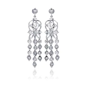 Silver 925 Rhodium Plated Star Round Marquis CZ Three Strand Dangling Stud Chandelier Earrings - BGE00194