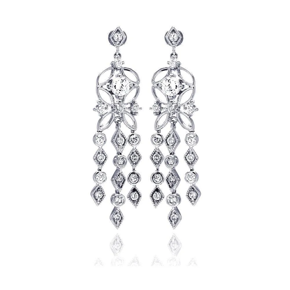 Silver 925 Rhodium Plated Star Round Marquis CZ Three Strand Dangling Stud Chandelier Earrings - BGE00194