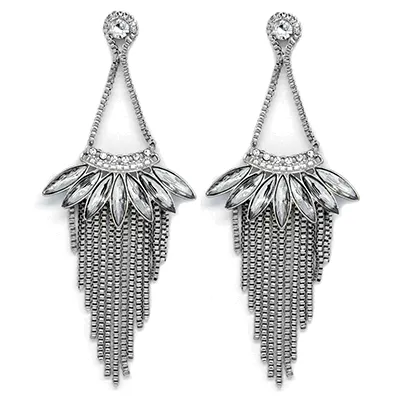 Silver Tone Crystal & Chain Tassel Drop