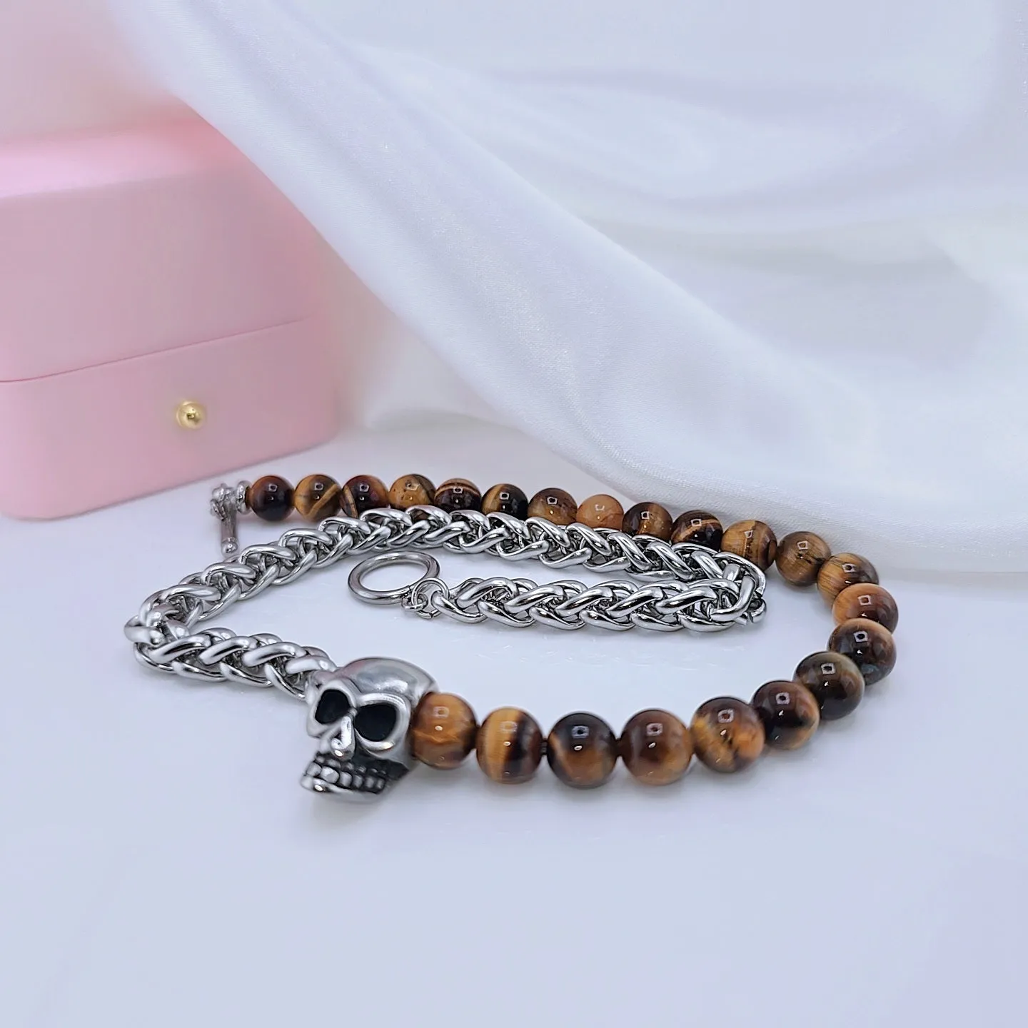 Skull Charm Double Layered Black Lava Bead Bracelet