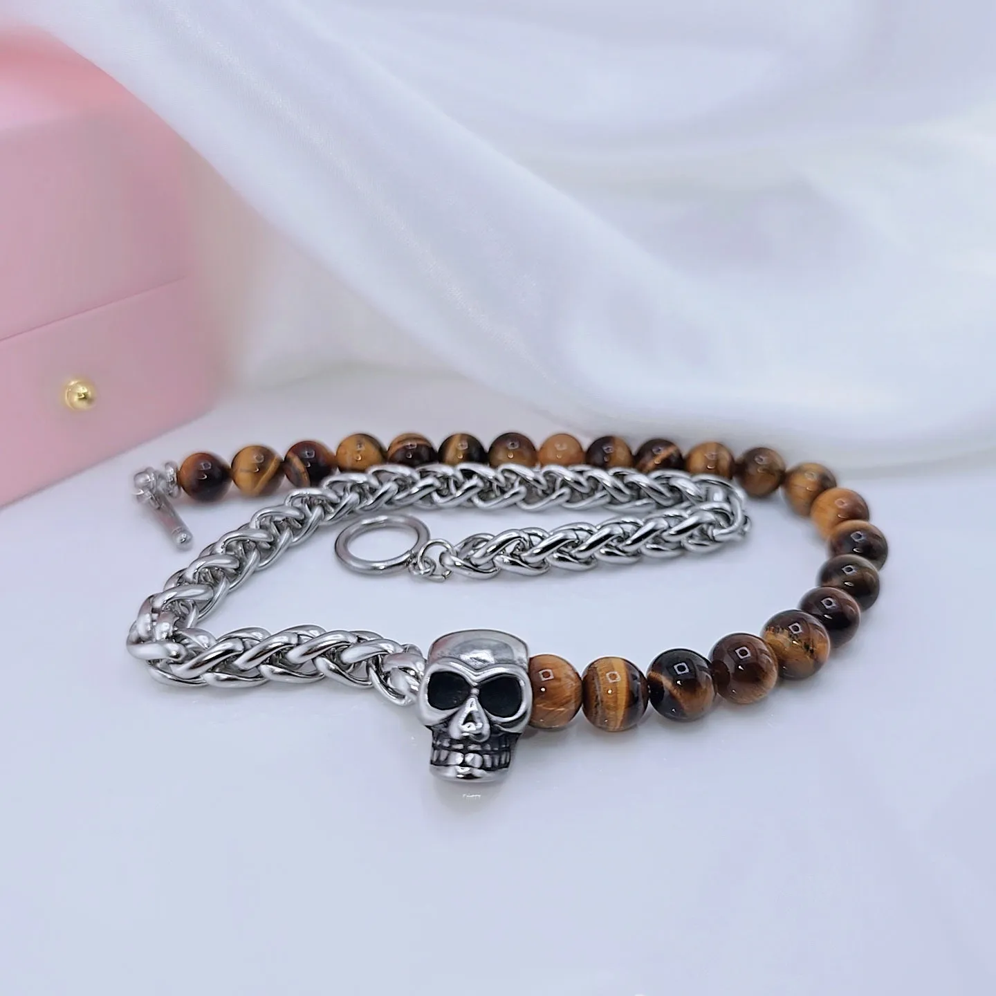 Skull Charm Double Layered Black Lava Bead Bracelet