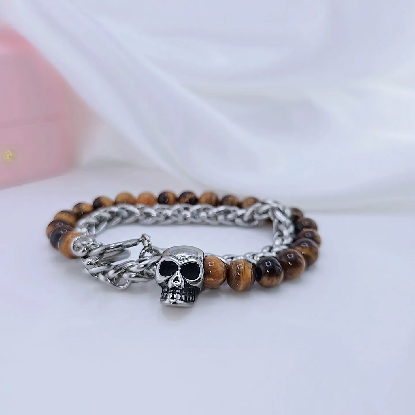 Skull Charm Double Layered Black Lava Bead Bracelet
