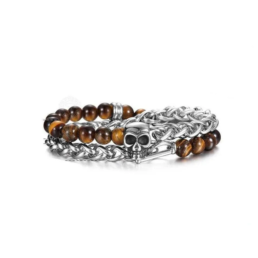 Skull Charm Double Layered Black Lava Bead Bracelet