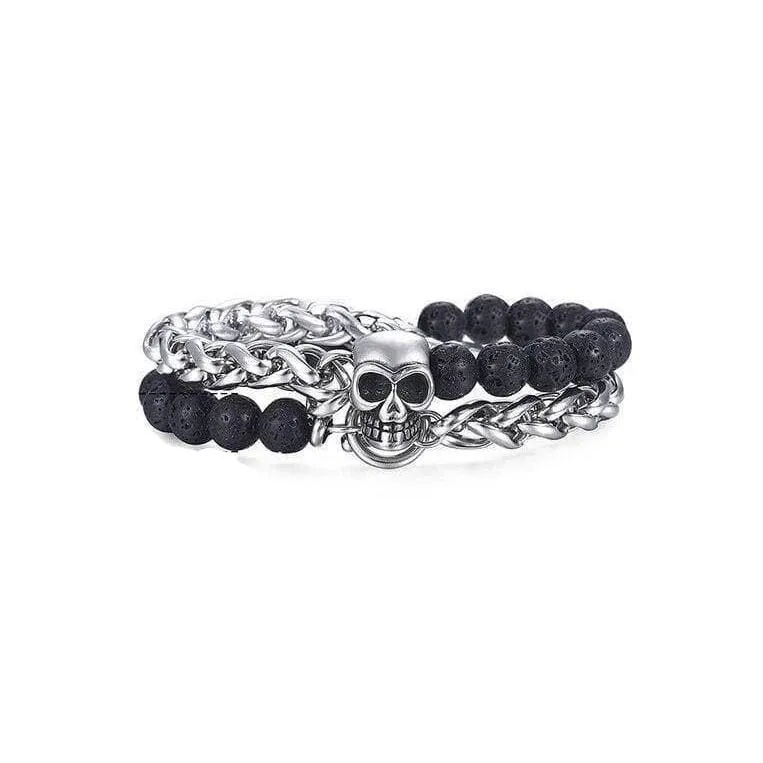 Skull Charm Double Layered Black Lava Bead Bracelet