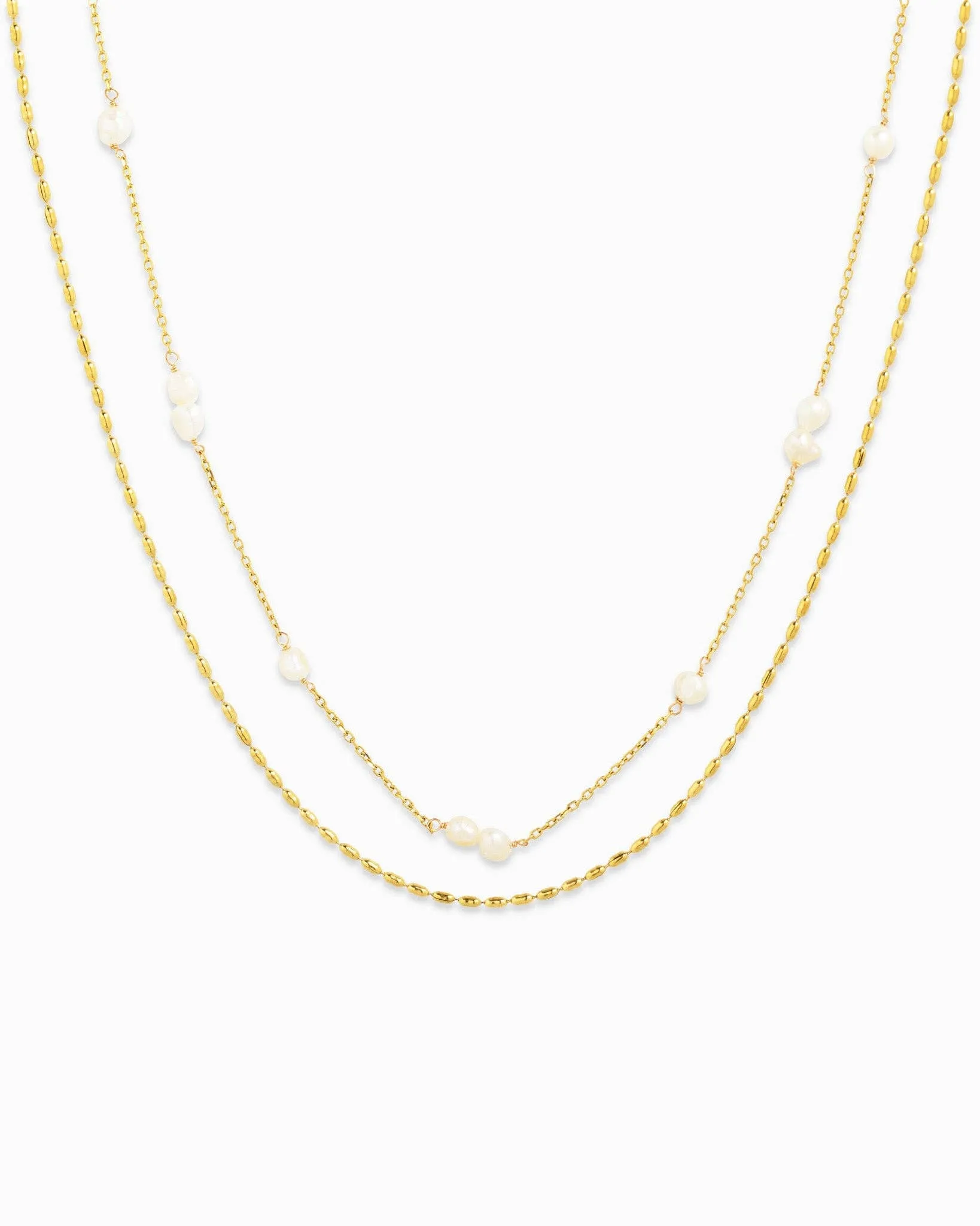 Stainless Steel Pearl Station Oval Chain Layered Necklace