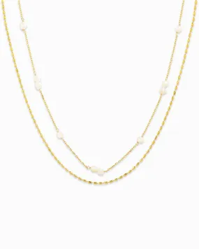Stainless Steel Pearl Station Oval Chain Layered Necklace