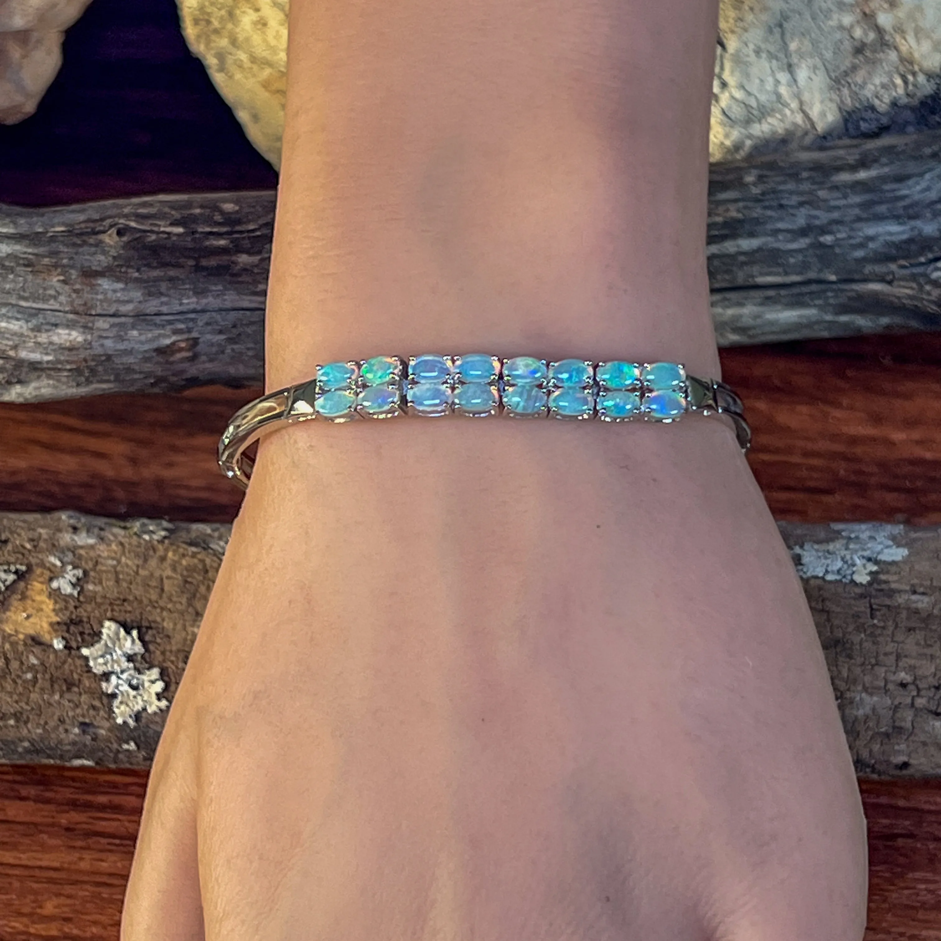 Sterling Silver double row Crystal Opal claw set bracelet